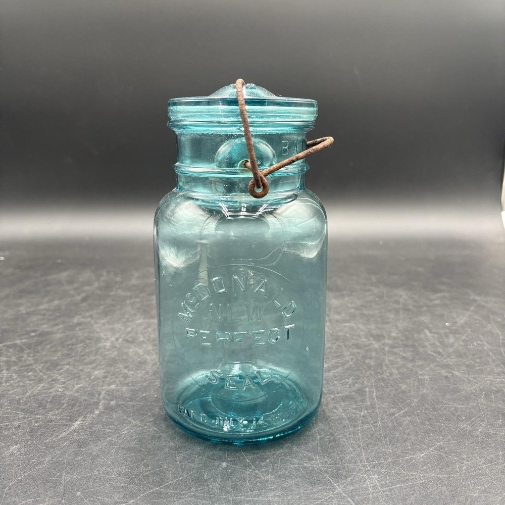 McDonald New Perfect Seal Blue Jar #0 Wire Bail Glass Lid 1908